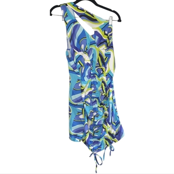 PLT Woven One Shoulder‎ Ruched Bodycon Dress Blue abstract Women's Size 8 Rave - Picture 7 of 14